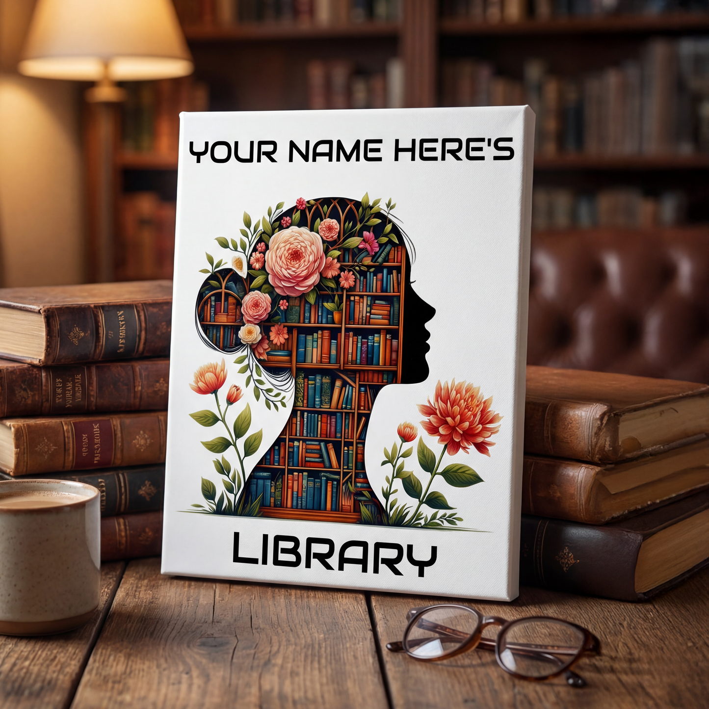Personalized 8×10 Floral Silhouette Library Canvas Custom Name Bookshelf Art