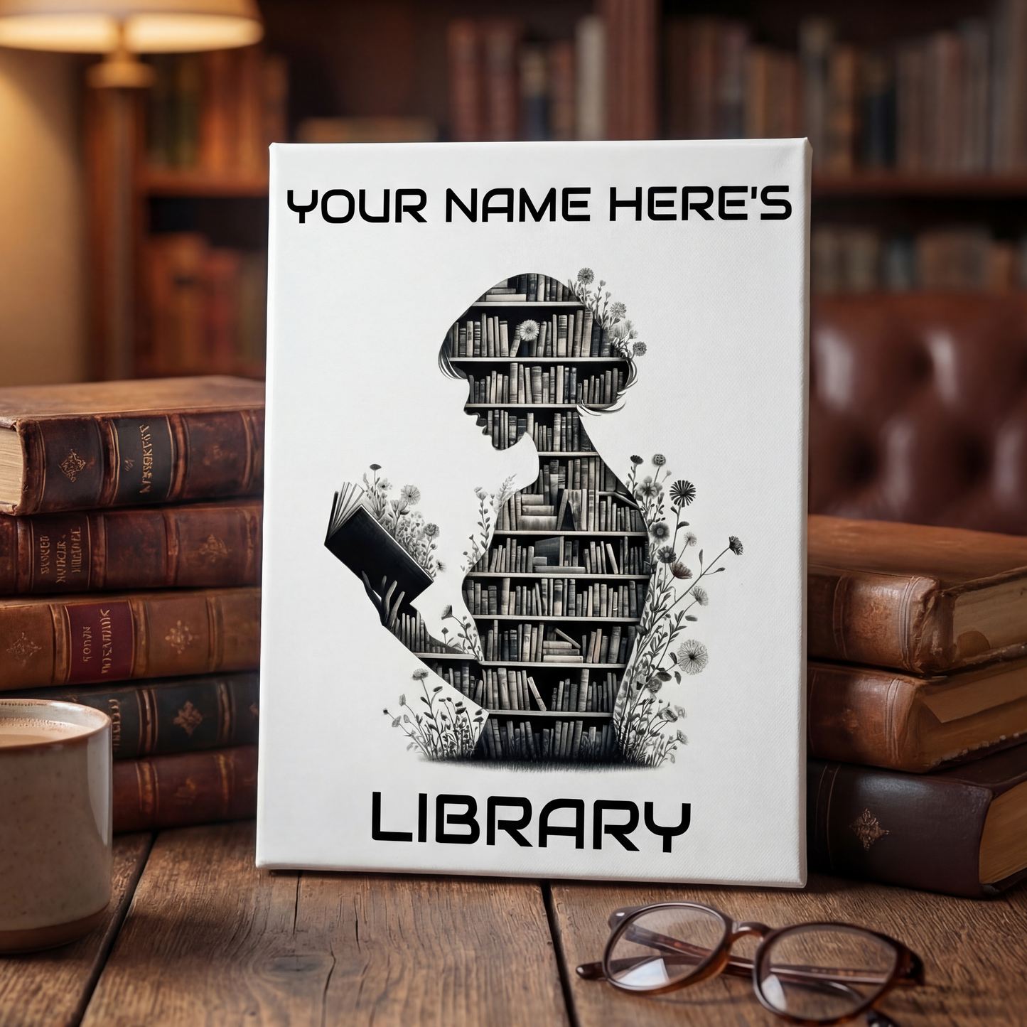 Personalized 8×10 Floral Silhouette Library Canvas Custom Name Bookshelf Art