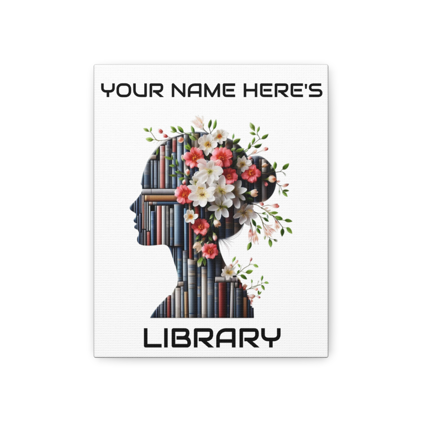 Personalized 8×10 Floral Silhouette Library Canvas Custom Name Bookshelf Art