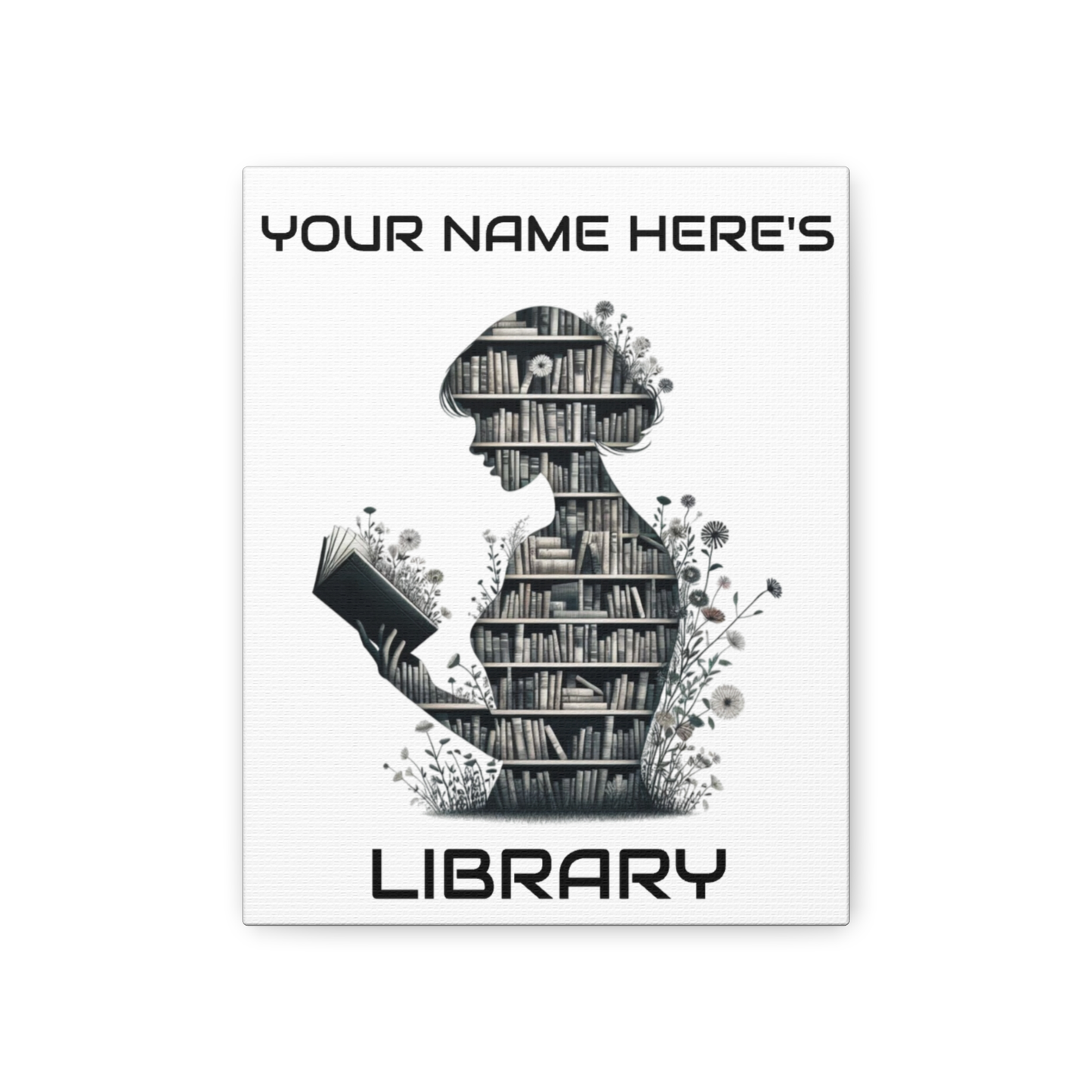 Personalized 8×10 Floral Silhouette Library Canvas Custom Name Bookshelf Art
