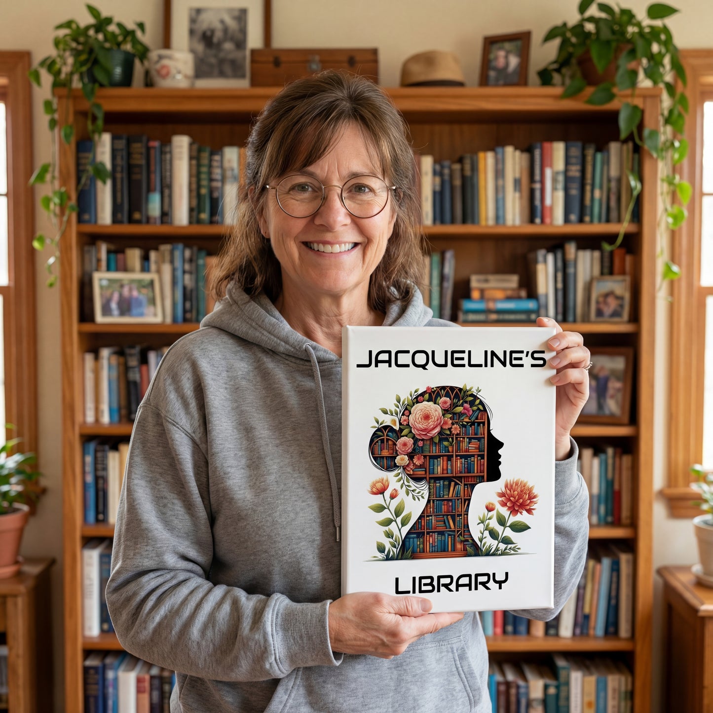 Personalized 8×10 Floral Silhouette Library Canvas Custom Name Bookshelf Art