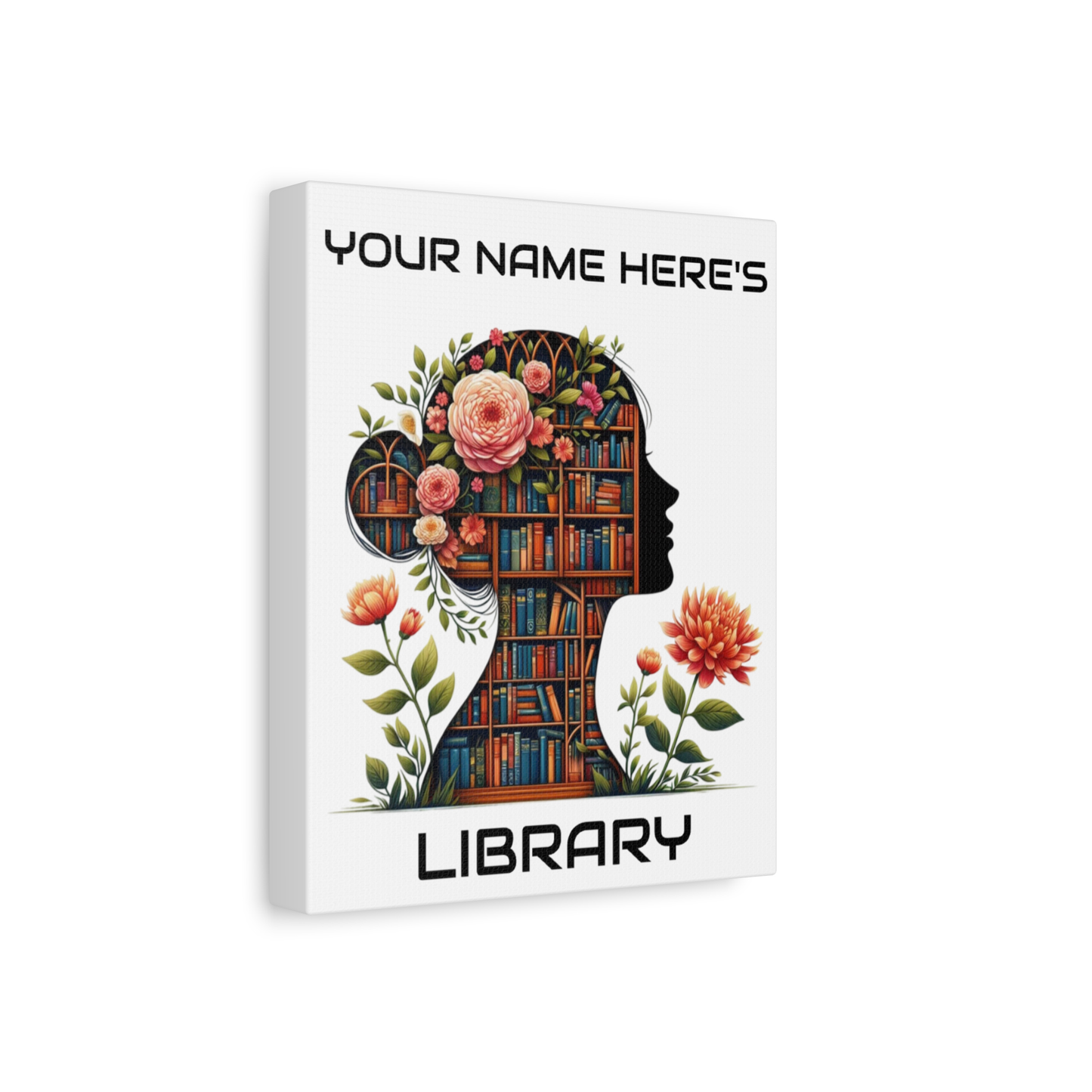 Personalized 8×10 Floral Silhouette Library Canvas Custom Name Bookshelf Art