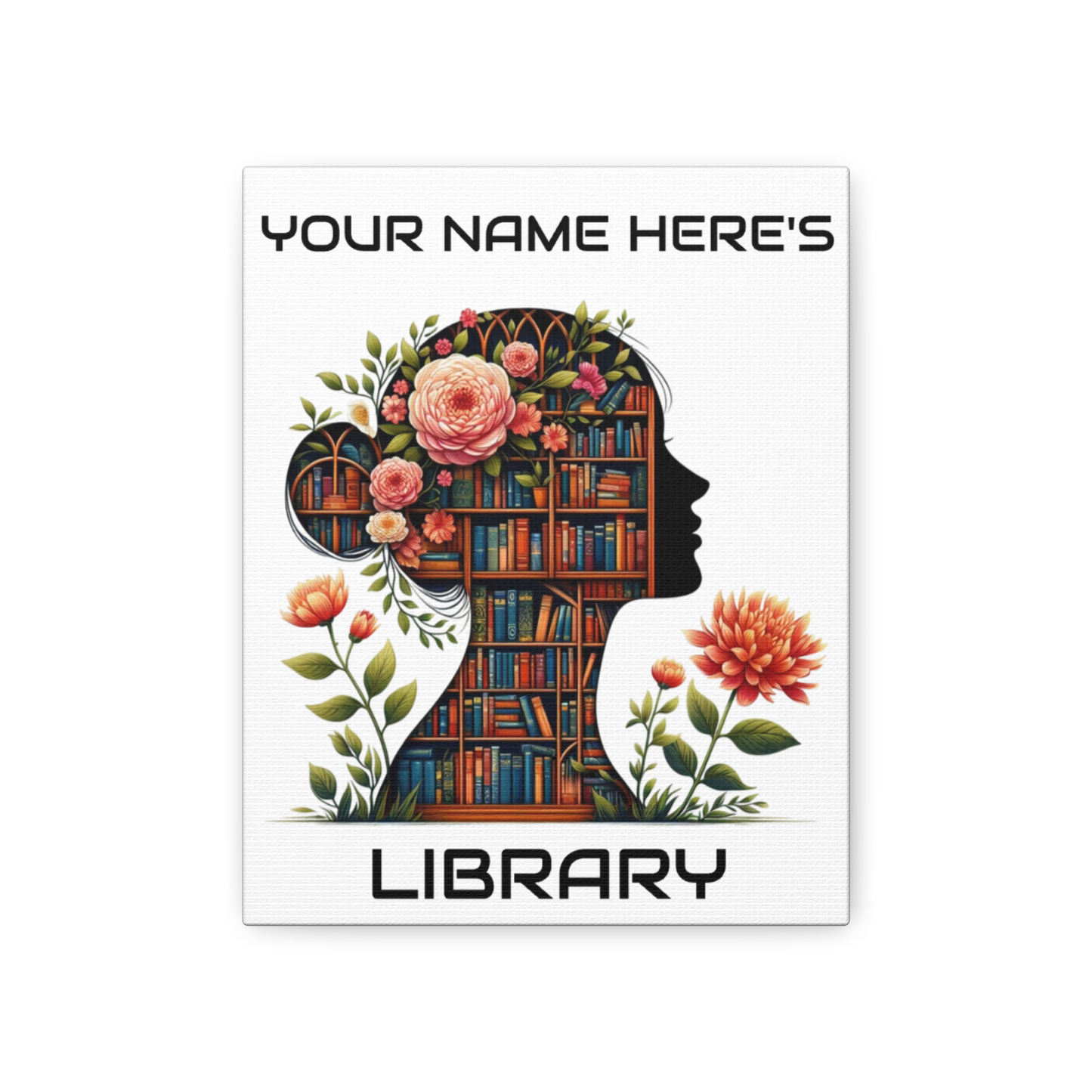 Personalized 8×10 Floral Silhouette Library Canvas Custom Name Bookshelf Art