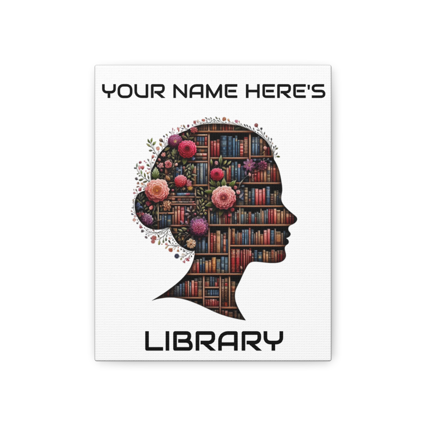 Personalized 8×10 Floral Silhouette Library Canvas Custom Name Bookshelf Art