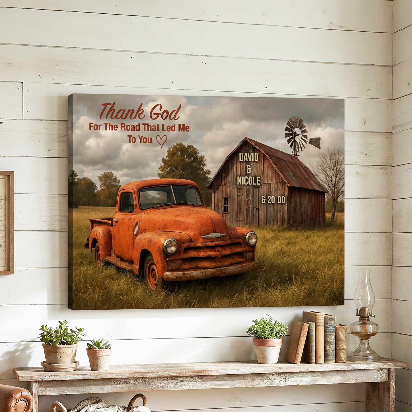 Thank God For The Road Canvas Custom Names & Date, Rustic Barn & Old Truck Art, Handcrafted in Volant PA 18x24 Personalized Wall Decor
