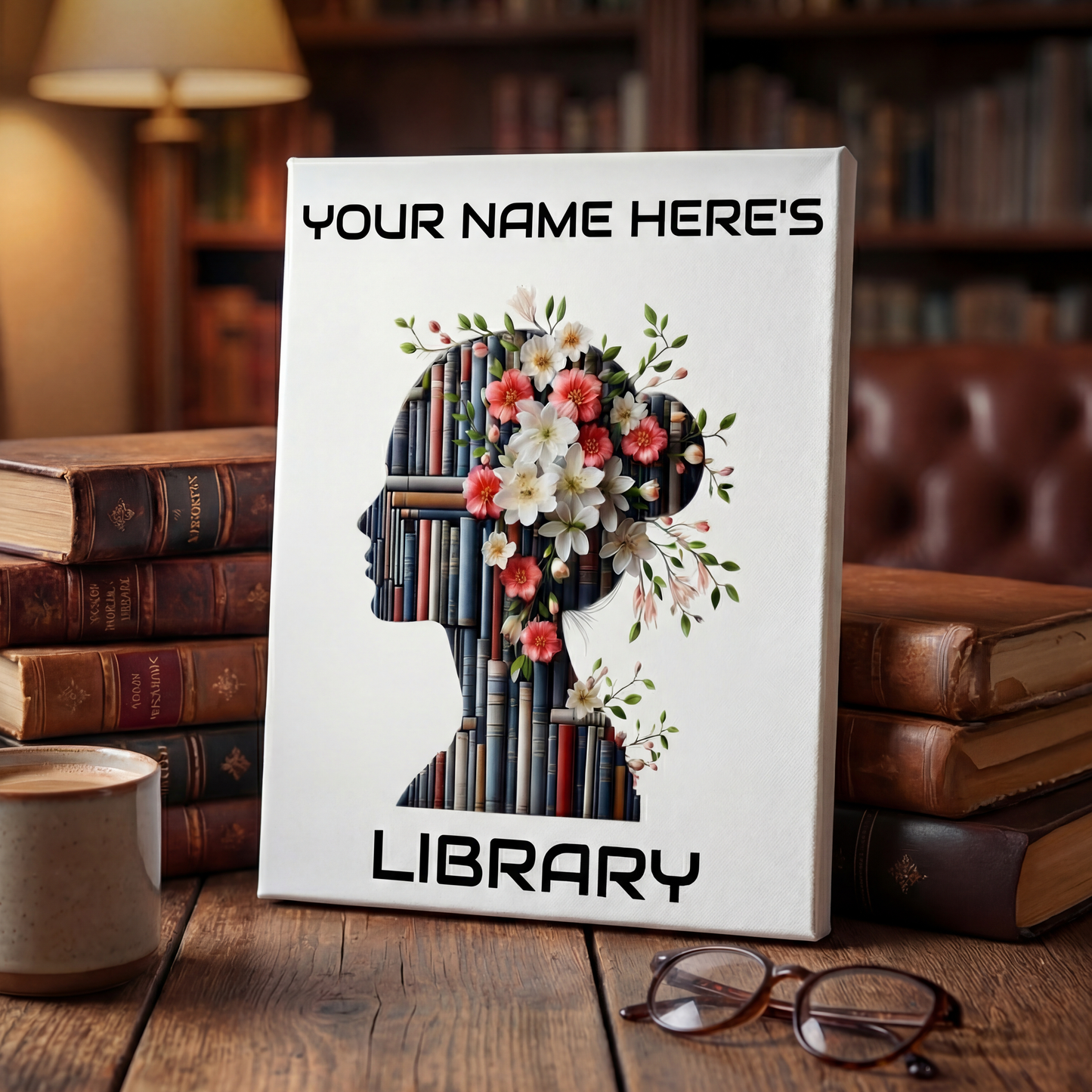 Personalized 8×10 Floral Silhouette Library Canvas Custom Name Bookshelf Art