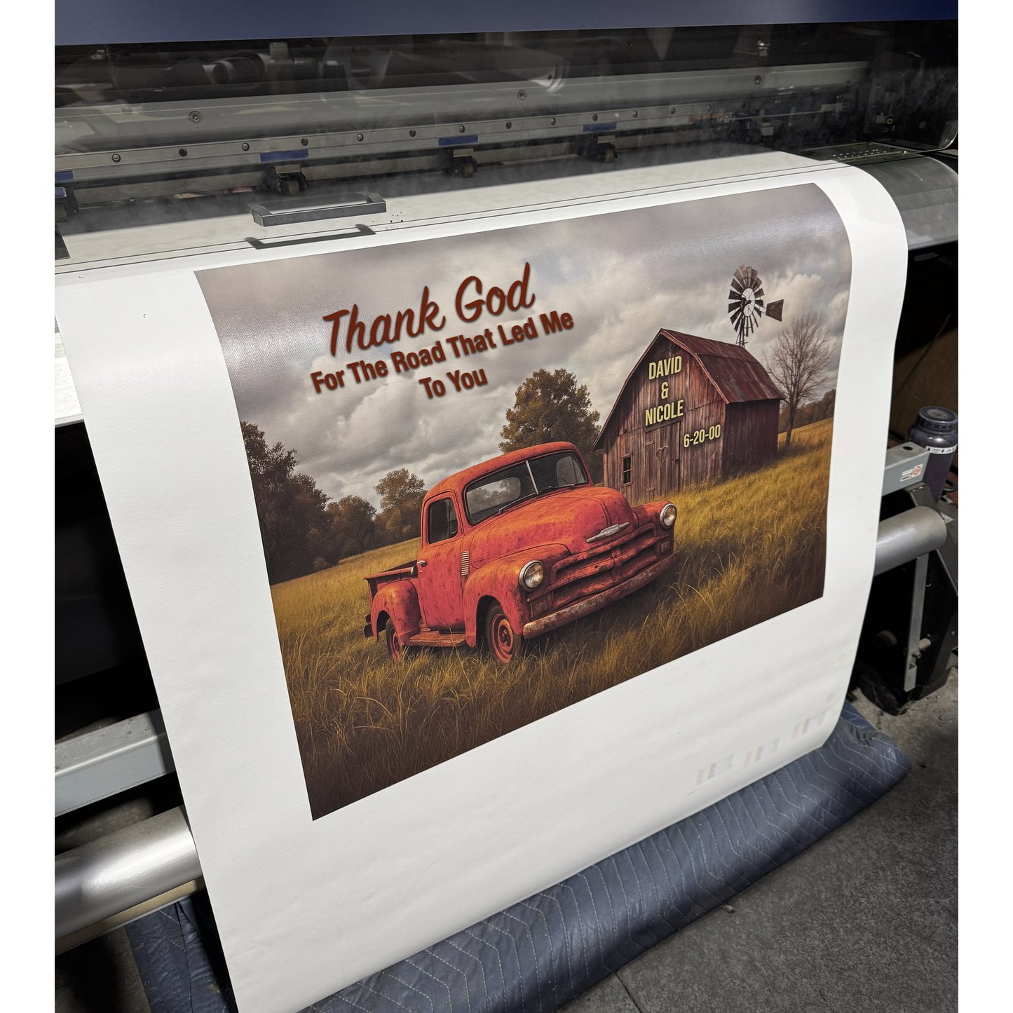 Thank God For The Road Canvas Custom Names & Date, Rustic Barn & Old Truck Art, Handcrafted in Volant PA 18x24 Personalized Wall Decor