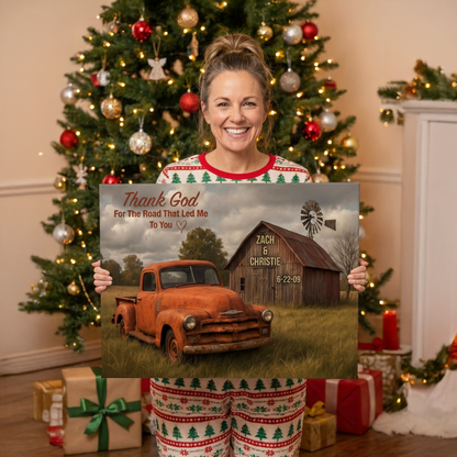 Thank God For The Road Canvas Custom Names & Date, Rustic Barn & Old Truck Art, Handcrafted in Volant PA 18x24 Personalized Wall Decor